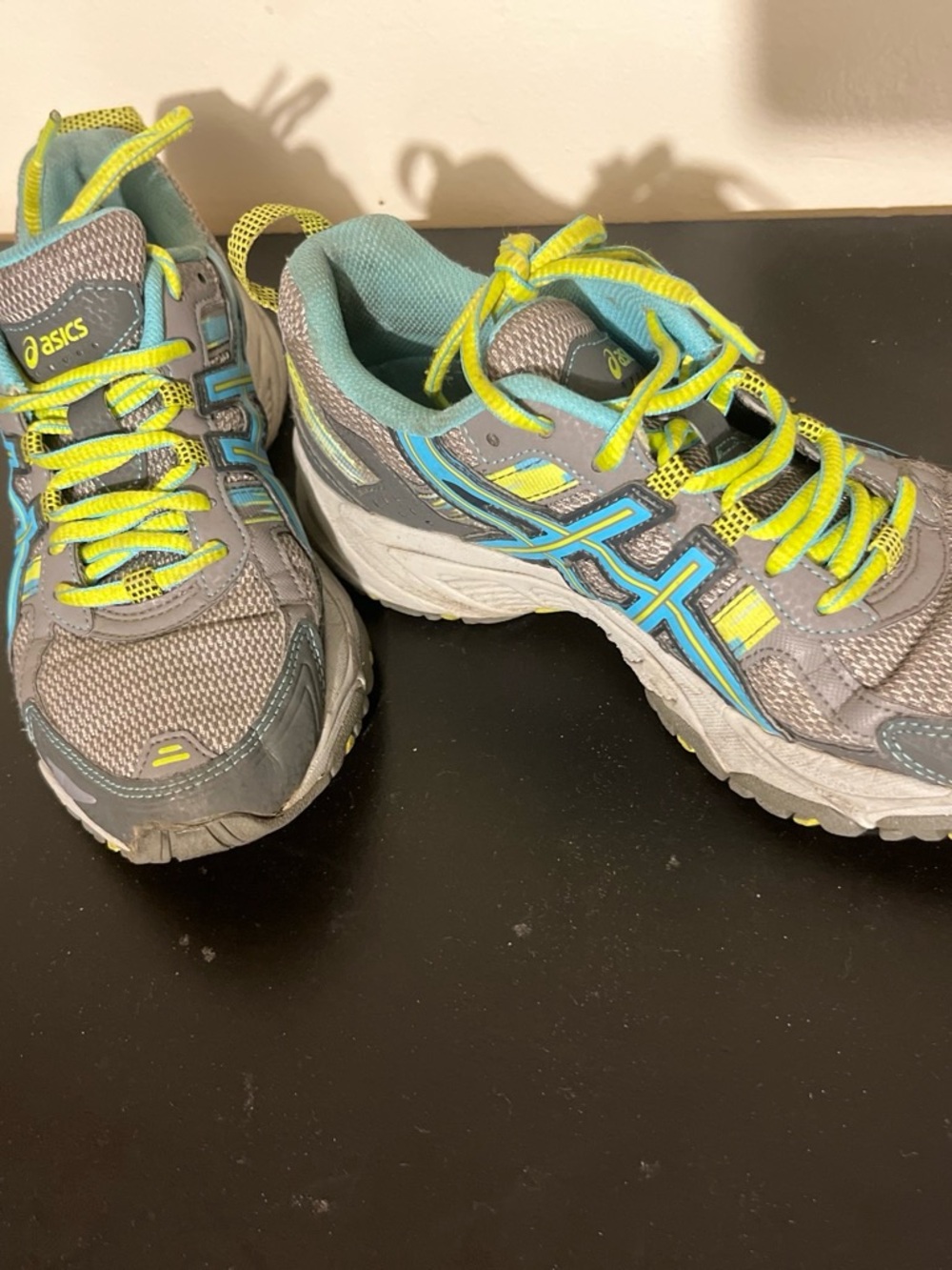 ASICS Gray Running Shoes with Turquoise and Neon Yellow Accents